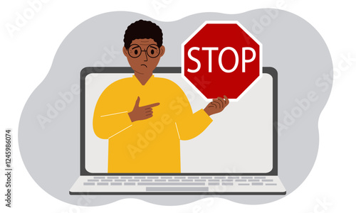 A man holding a red stop sign in a laptop screen. Virus, attack, error, account or page deletion. Vector flat illustration