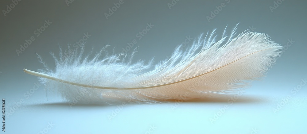 Obraz premium Soft delicate white feather gracefully resting on a light background showcasing its intricate textures and natural beauty.