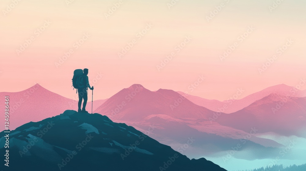 Fototapeta premium Sunrise silhouette of a hiker with a backpack on a mountain ridge during early morning hours. Generative AI