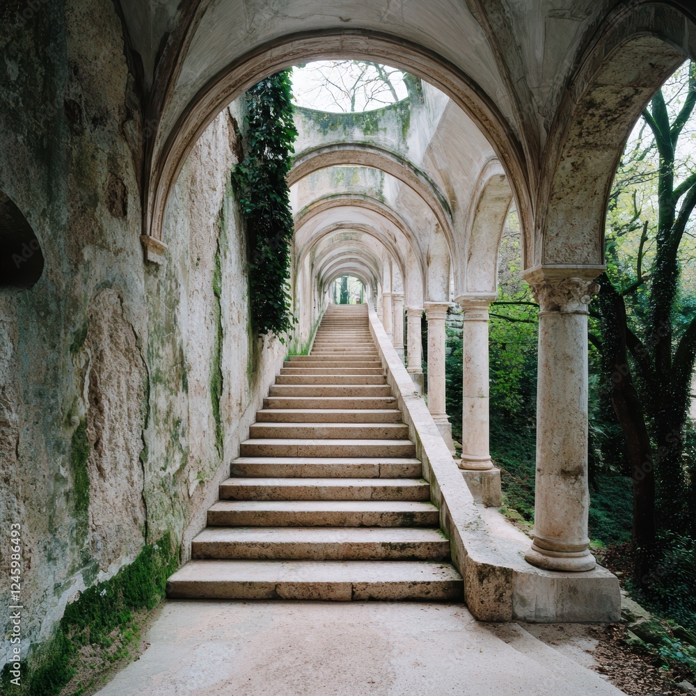 Stone staircase with arches leading upwards. Stone staircase with arches leading upwards.