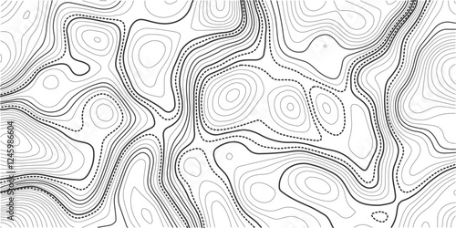 The stylized height of the topographic map contour in lines and contours. Black on gray. The concept of a conditional geography scheme and the terrain path. Wide Size. Vector illustration.
