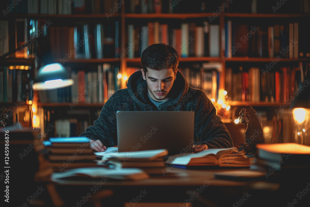 Man sitting at a desk working on a laptop in a modern office environment with notepad and coffee mug Man sitting at a desk working on a laptop in a modern office environment with notepad and coffee mug