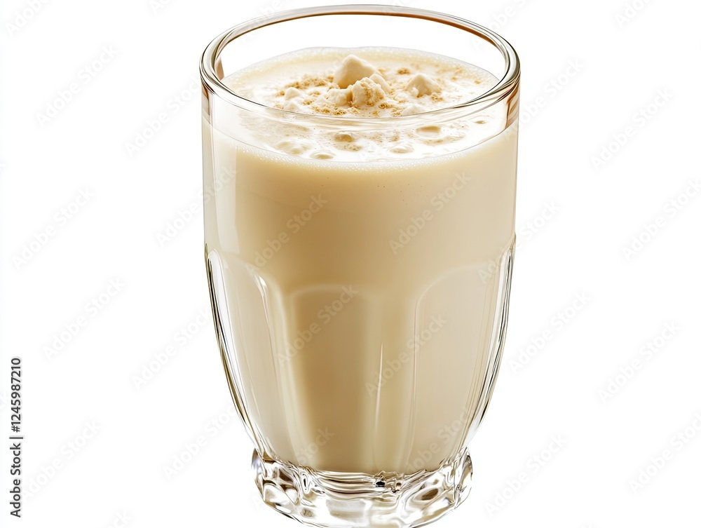 Creamy protein shake with protein powder served in a glass against white background Creamy protein shake with protein powder served in a glass against white background