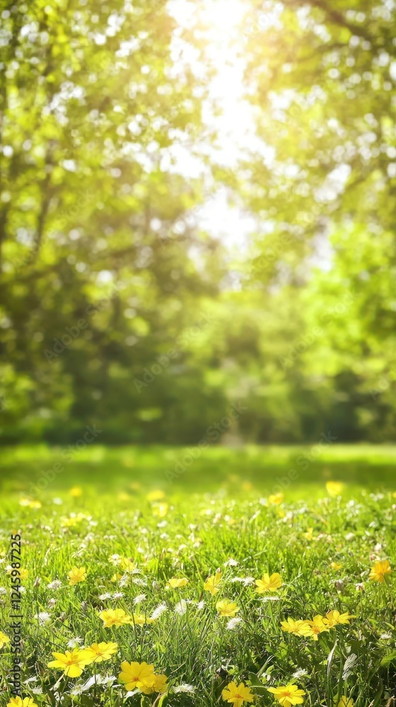 Obraz premium Sunny spring meadow, vibrant flowers, green trees, bokeh background, nature scene