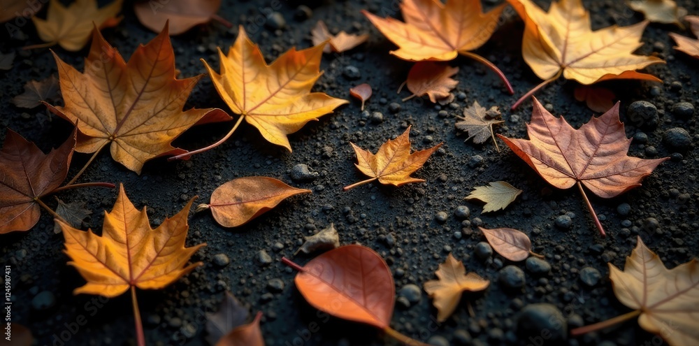 Obraz premium Delicate dried leaves scattered on darkened ground, organic shapes, nature, natural textures