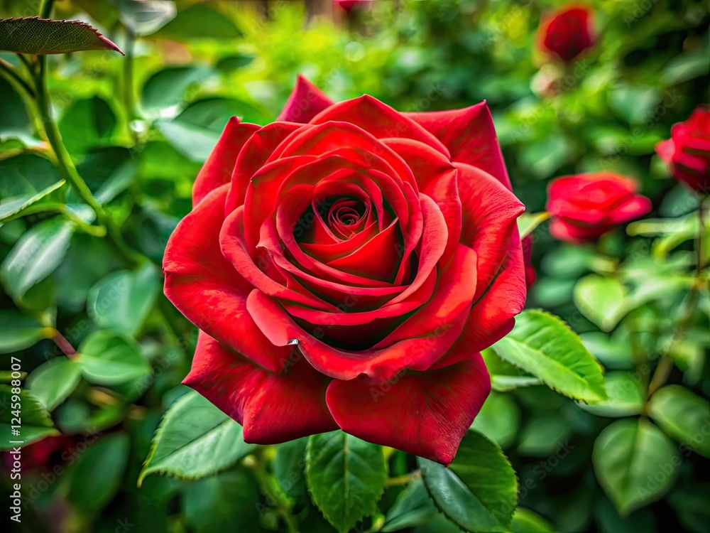 A single, vibrant red rose blooms, its lush green leaves framing the close-up portrait. A single, vibrant red rose blooms, its lush green leaves framing the close-up portrait.