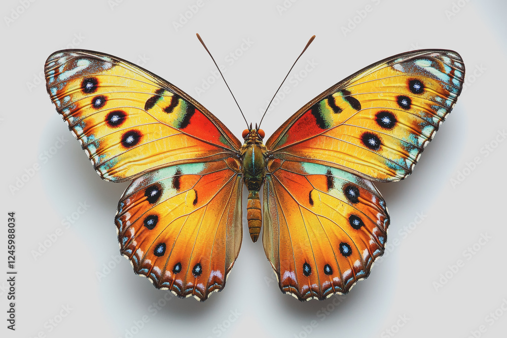 Obraz premium Butterfly with orange and blue wings sitting gracefully on a leaf in a natural outdoor setting under bright sunlight
