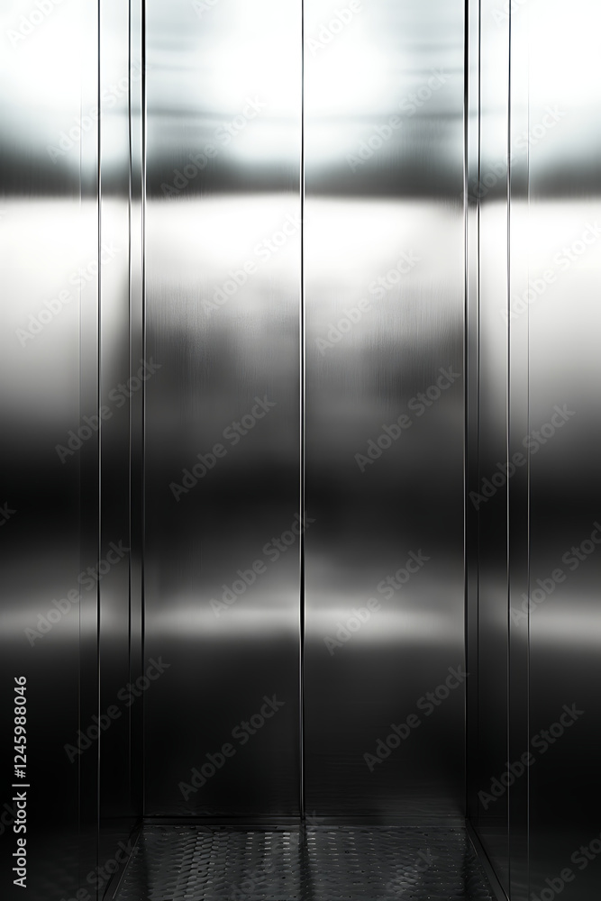 Obraz premium A sleek and modern elevator interior featuring stainless steel walls that reflect light, creating a minimalist and contemporary aesthetic ideal for high-rise buildings.