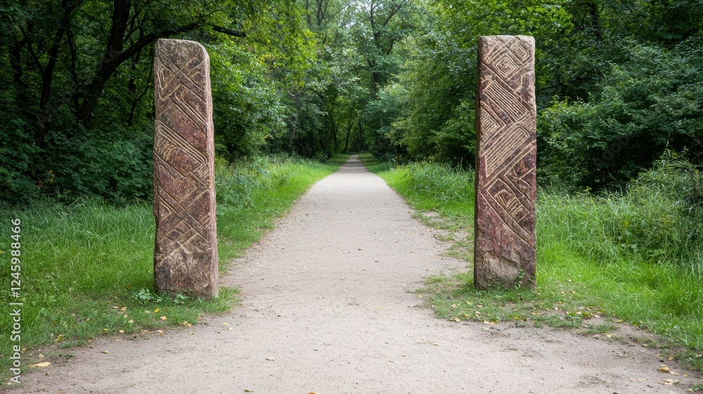 Stone pillars mark a path through a lush forest. Stone pillars mark a path through a lush forest.
