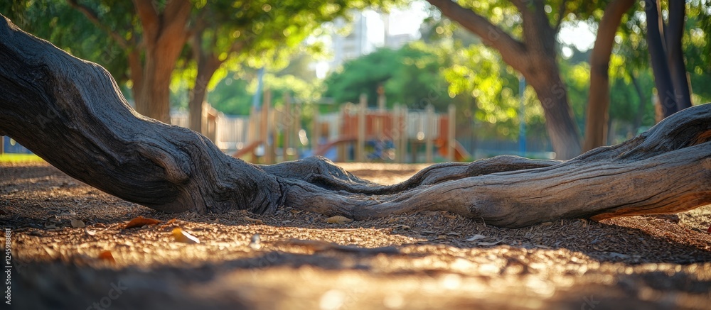 Obraz premium Fallen trees within a playground park showcasing detailed textures and grains of wood in a natural setting with soft sunlight.