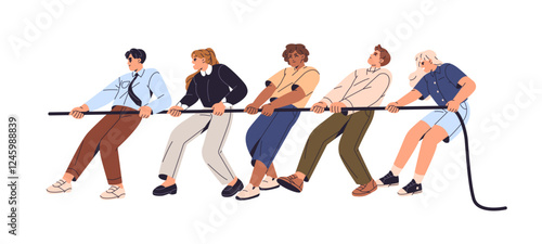 Team tug of war. People pull rope. Employees, office workers contest, compete, resist against rivals. Business confrontation, teamwork concept. Flat isolated vector illustration on white background