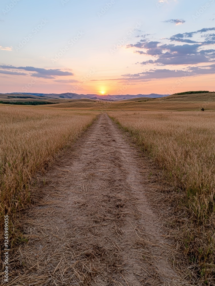 A dirt road leads through a golden wheat field at sunset.