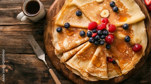 Delightful shrove tuesday celebration with golden french crepes topped with fruits and syrup photo