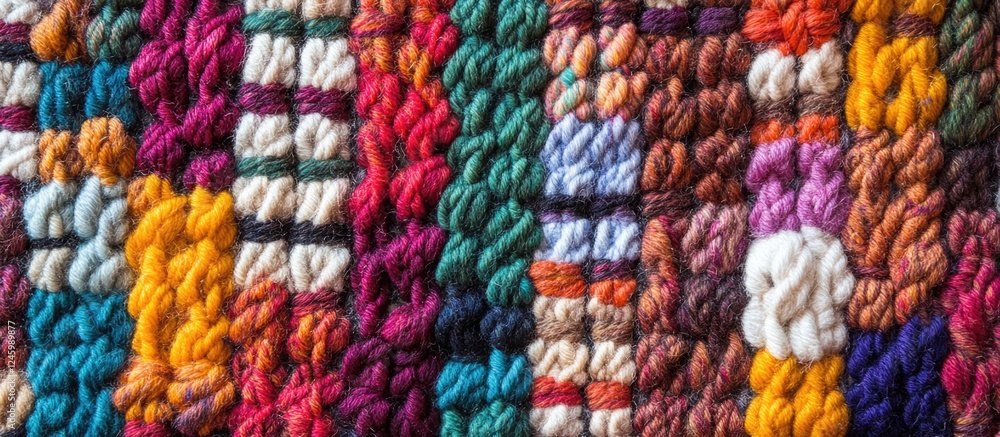Multicolor knitted cotton rug texture close-up background showcasing intricate fabric patterns and vibrant colors Multicolor knitted cotton rug texture close-up background showcasing intricate fabric patterns and vibrant colors