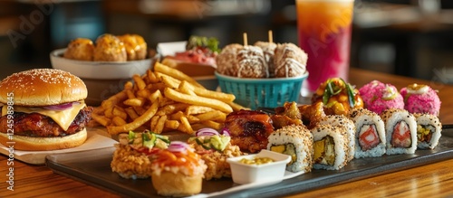 Variety of mouthwatering fast food dishes including burgers, sushi, fries, and desserts served on a wooden table in a vibrant restaurant setting