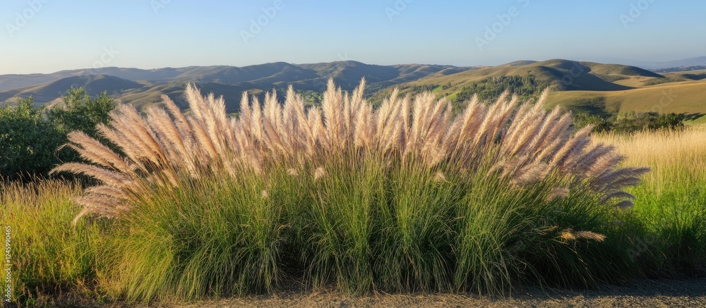 Fountain grass in a natural landscape with hills under a clear blue sky showcasing serene outdoor beauty. Fountain grass in a natural landscape with hills under a clear blue sky showcasing serene outdoor beauty.