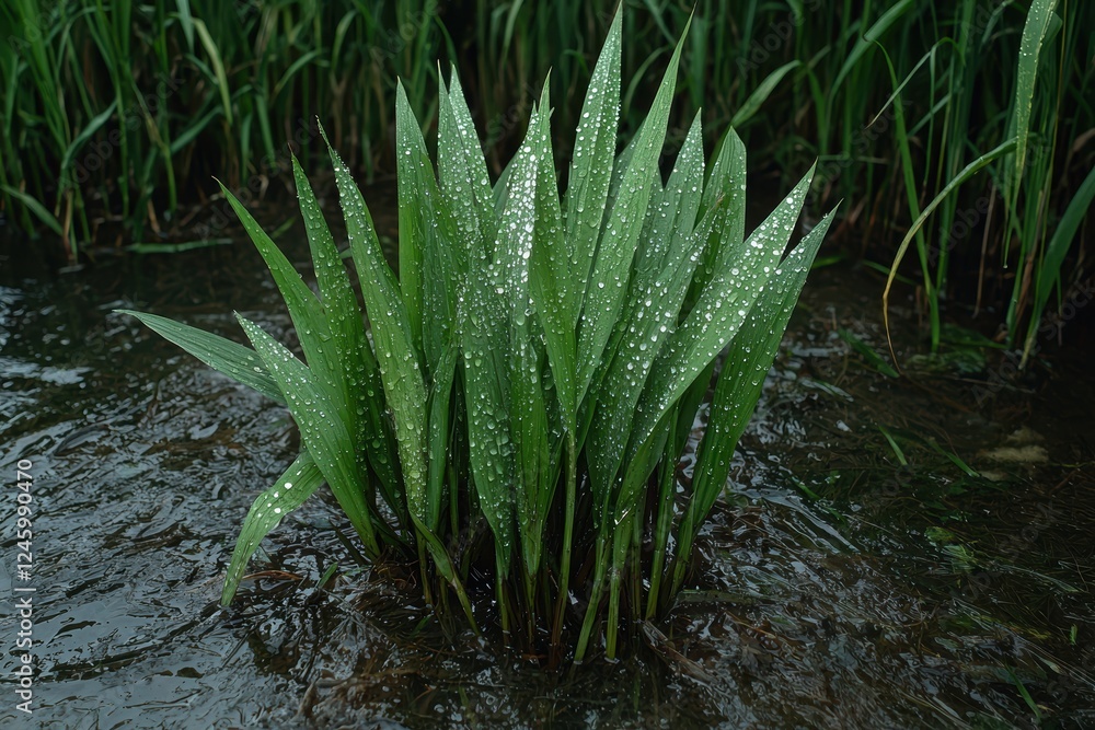 Lush green aquatic plants with water droplets. Lush green aquatic plants with water droplets.