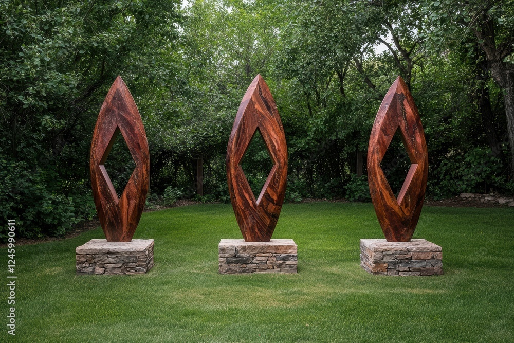 Fototapeta premium Three abstract metal sculptures stand on stone bases in a lush green garden.