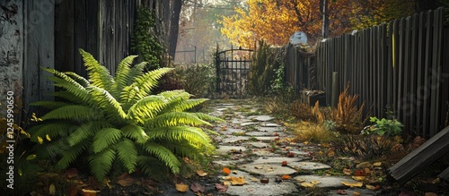 Lush fern growing in a rustic old yard surrounded by autumn foliage and a stone pathway leading to a weathered garden gate. photo