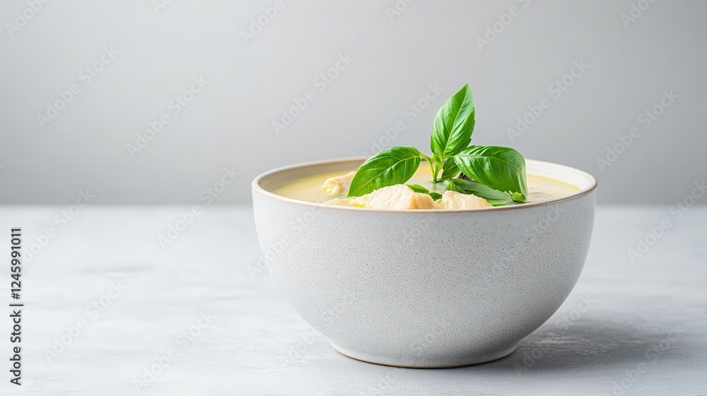 A modern bowl of creamy soup garnished with fresh mint leaves, set against a light background, highlighting its texture and color. A modern bowl of creamy soup garnished with fresh mint leaves, set against a light background, highlighting its texture and color.
