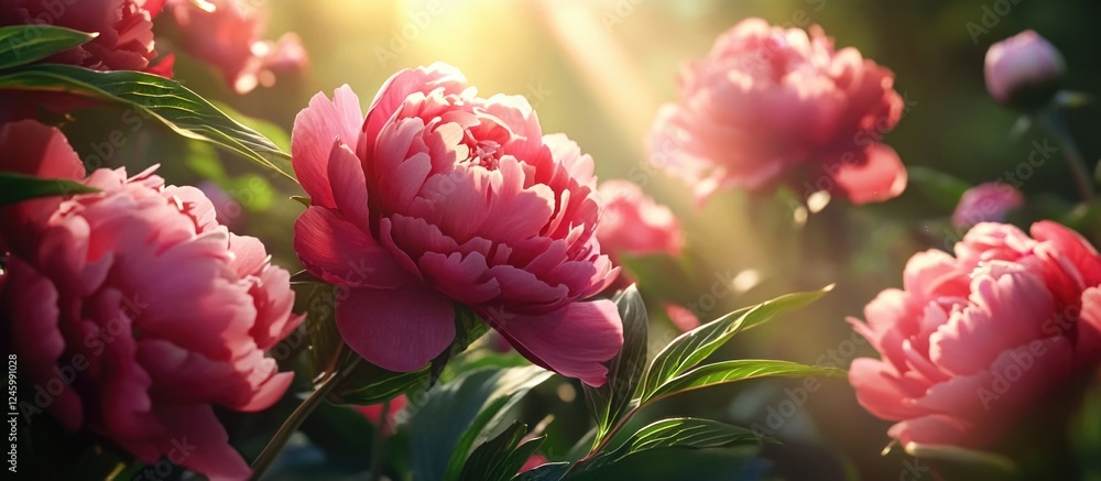 Vibrant peony flowers in fuchsia red bathed in golden sunlight showcasing nature's beauty and elegance in a lush garden setting Vibrant peony flowers in fuchsia red bathed in golden sunlight showcasing nature's beauty and elegance in a lush garden setting