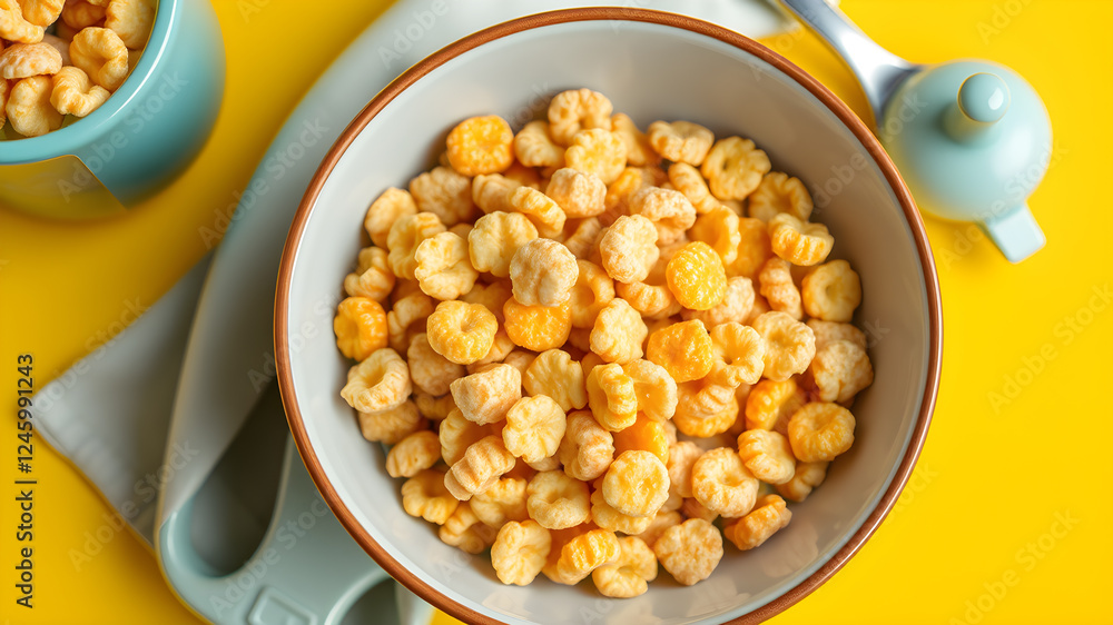 Breakfast cereal. Tasty corn flakes in bowl on yellow table, top view. Generative AI Breakfast cereal. Tasty corn flakes in bowl on yellow table, top view. Generative AI