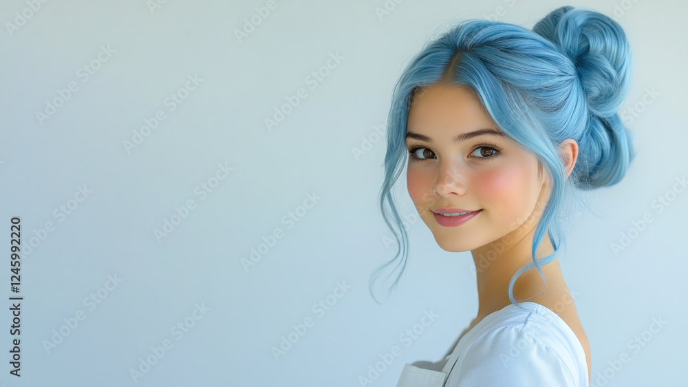 Blue hair young chef woman smiling isolated on white background Blue hair young chef woman smiling isolated on white background