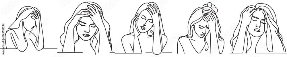 set continuous line woman headache set continuous line woman headache
