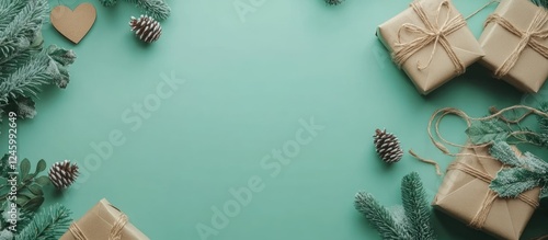 Festive Christmas mockup featuring gifts and decorations on a green background with ample space for personalized text or designs. photo