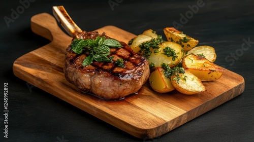 A deliciously prepared lamb chop with herbs served alongside golden roasted potatoes on a wooden board.