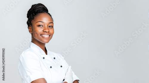 African young chef woman smiling isolated on white background