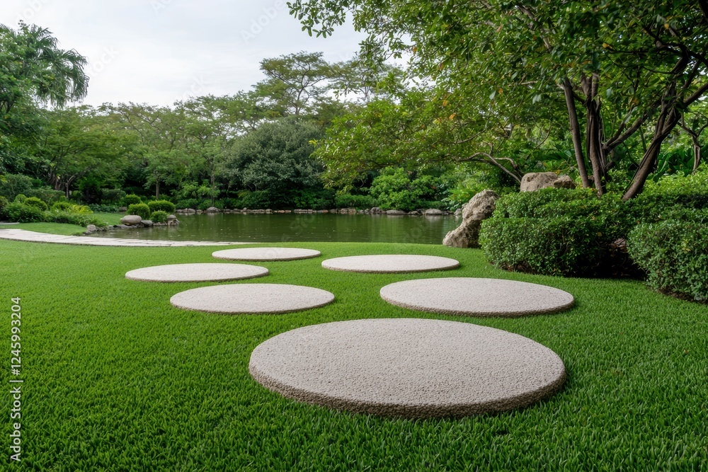 Stepping stones lead through a lush garden landscape. Stepping stones lead through a lush garden landscape.