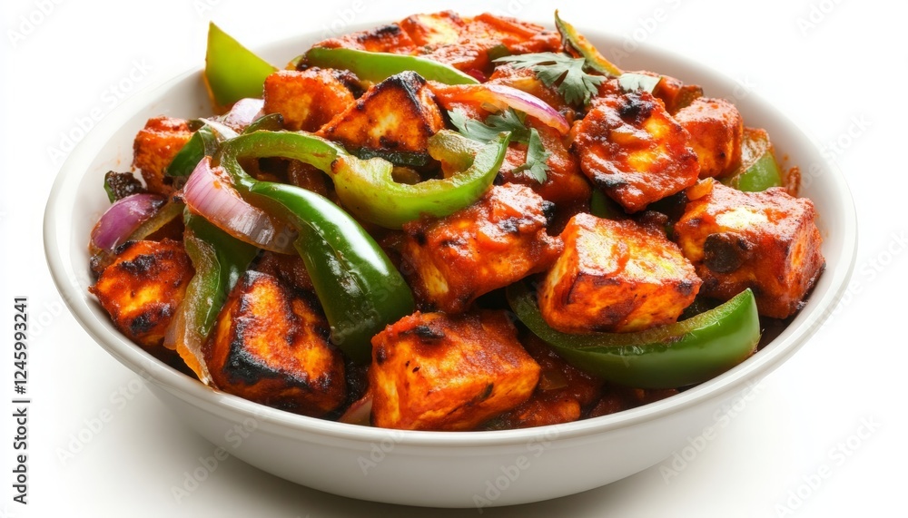 Spicy Grilled Paneer with Colorful Peppers in a White Bowl ? A Vibrant Dish Ideal for Culinary Blogs, Recipe Cards, and Food Photography Spicy Grilled Paneer with Colorful Peppers in a White Bowl ? A Vibrant Dish Ideal for Culinary Blogs, Recipe Cards, and Food Photography