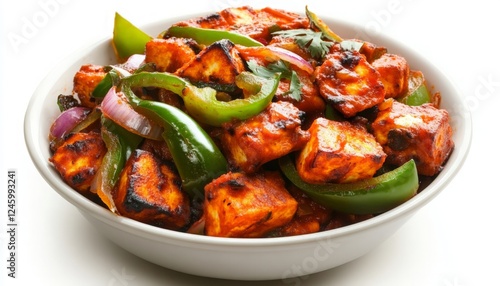 Spicy Grilled Paneer with Colorful Peppers in a White Bowl ? A Vibrant Dish Ideal for Culinary Blogs, Recipe Cards, and Food Photography