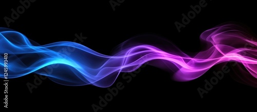 Glowing Blue and Purple Neon Smoke Waves on Black Background with Space for Text or Design Elements