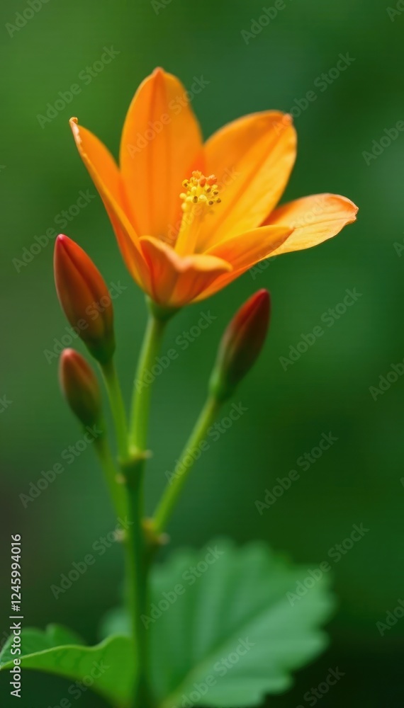 Delicate orange blossom with three tightly closed buds on a green stem, flower, garden, blossom Delicate orange blossom with three tightly closed buds on a green stem, flower, garden, blossom