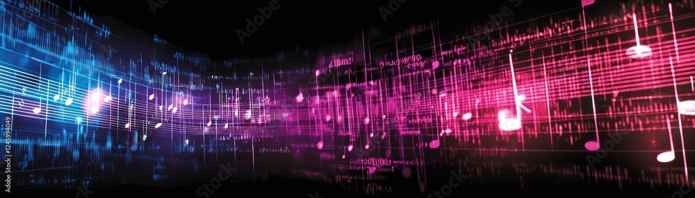 Abstract music notes flow, vibrant colors, dark background, website header Abstract music notes flow, vibrant colors, dark background, website header
