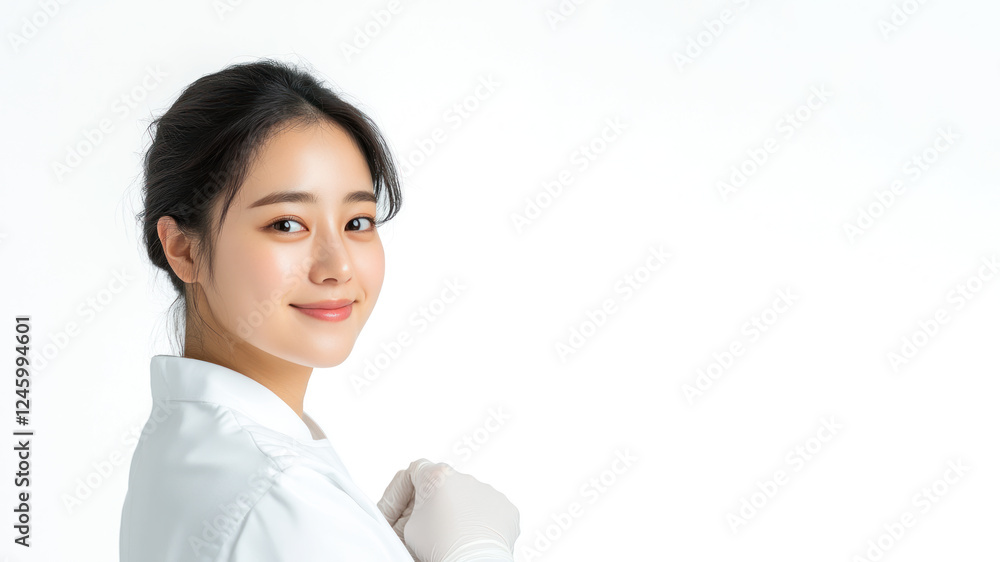 Korean young chef woman smiling isolated on white background Korean young chef woman smiling isolated on white background