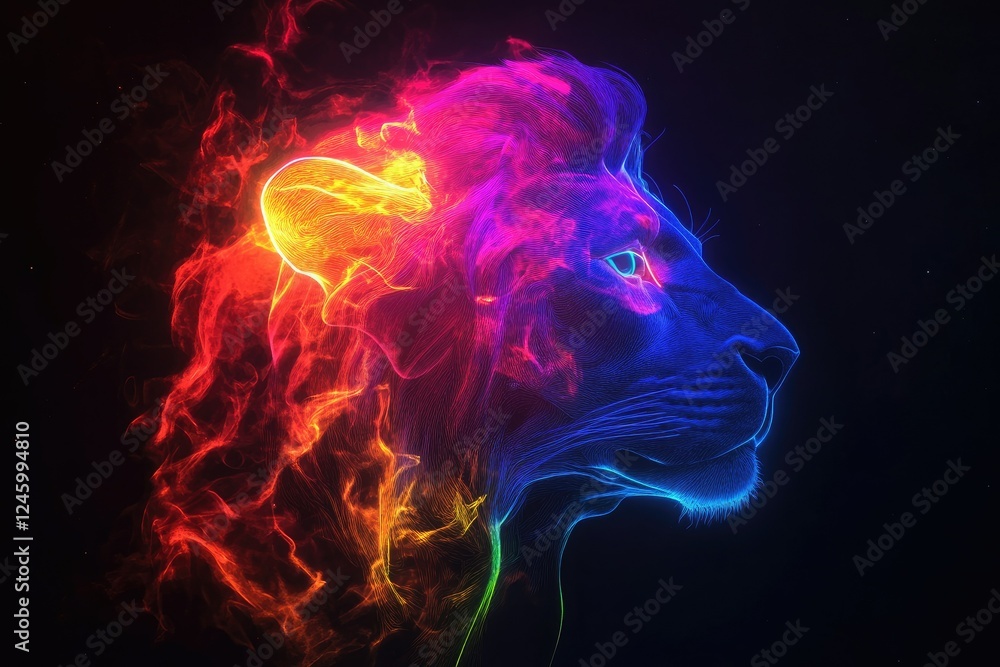 Fiery Lion Profile, Nebula Background, Abstract Art, Design Element Fiery Lion Profile, Nebula Background, Abstract Art, Design Element