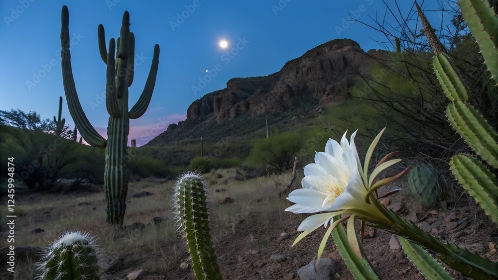 Desert Night Bloom: A stunning night-blooming cereus cactus flower unfolds its pristine white petals under the soft glow of the moon. Desert Night Bloom: A stunning night-blooming cereus cactus flower unfolds its pristine white petals under the soft glow of the moon.