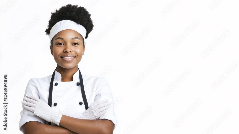 Afro young chef woman smiling isolated on white background Afro young chef woman smiling isolated on white background