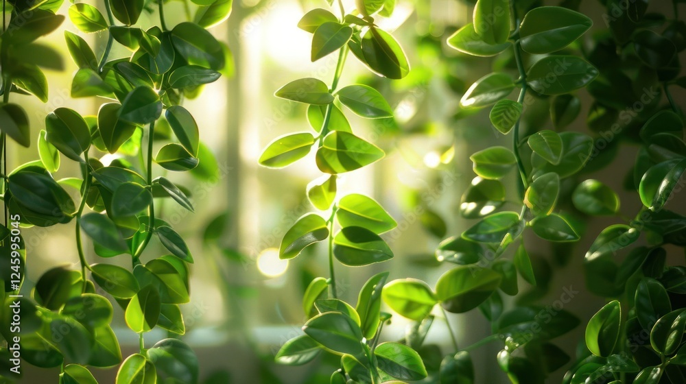 Fototapeta premium Lush green leaves cascading down in soft sunlight, creating a serene indoor atmosphere