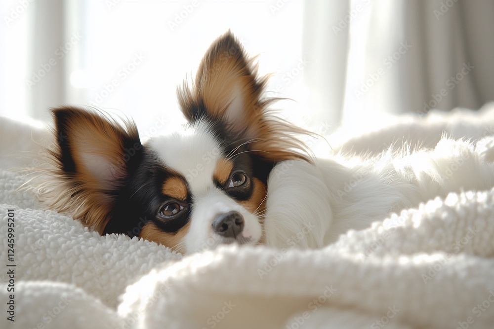 Puppy resting on comfy blanket, indoor sunlit room. Pet adoption, website banner Puppy resting on comfy blanket, indoor sunlit room. Pet adoption, website banner