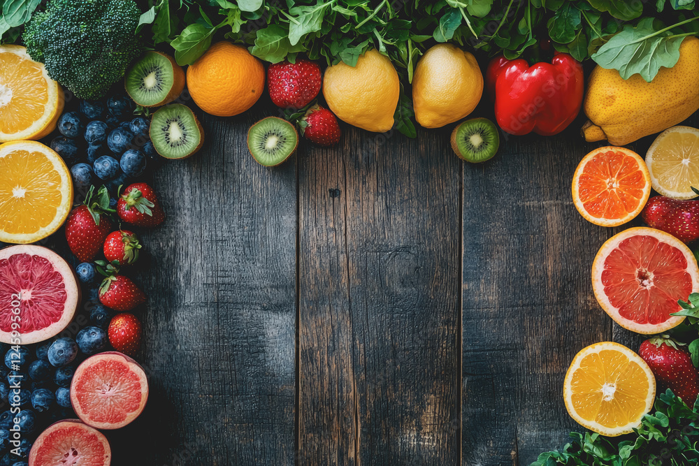 Circle of assorted fruits and vegetables arranged on a rustic wooden table showcasing fresh produce in a vibrant natural setting Circle of assorted fruits and vegetables arranged on a rustic wooden table showcasing fresh produce in a vibrant natural setting