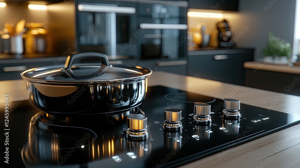 A black frying pan rests on a wooden cutting board in a stylish kitchen, showcasing a minimalist design and inviting atmosphere A black frying pan rests on a wooden cutting board in a stylish kitchen, showcasing a minimalist design and inviting atmosphere