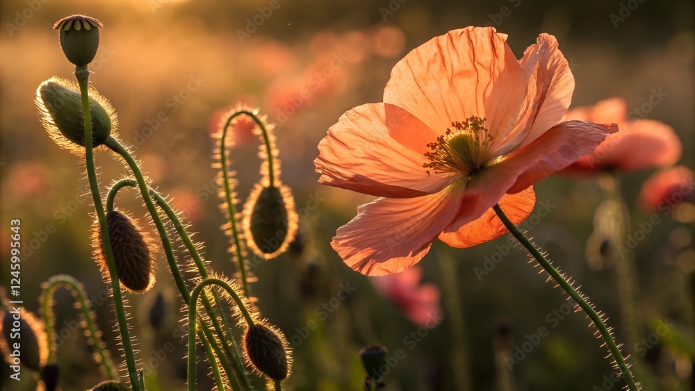 Golden Hour Poppy: A delicate peach poppy bathed in the warm light of the golden hour, surrounded by its unopened buds. Golden Hour Poppy: A delicate peach poppy bathed in the warm light of the golden hour, surrounded by its unopened buds.