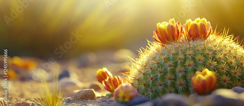 Ferocactus pilosus vibrant blooms in a desert landscape showcasing the beauty of Mexican lime cactus during golden hour light photo