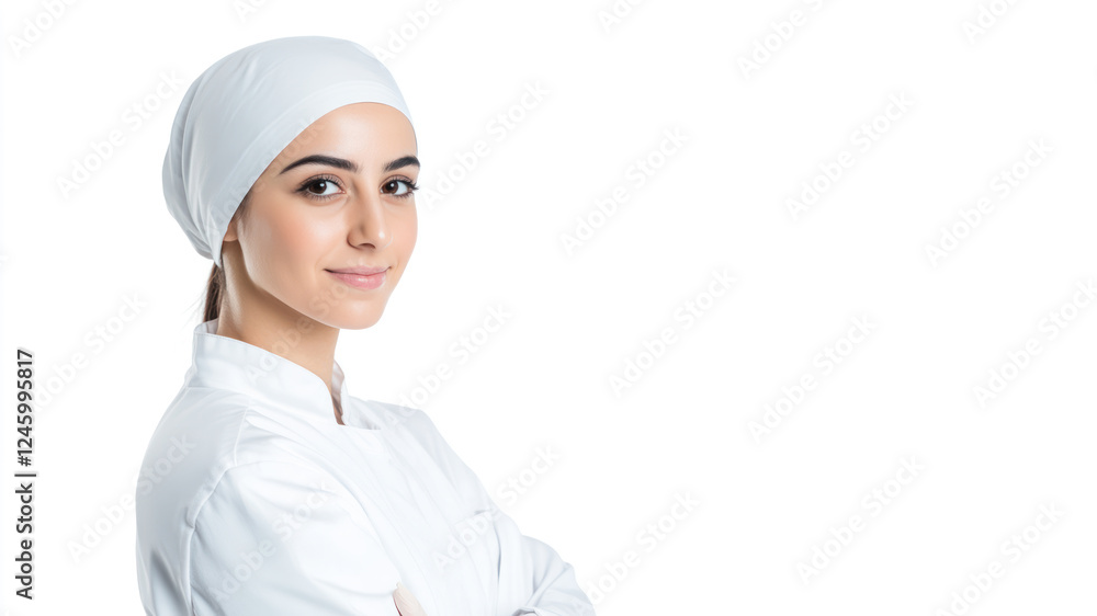 Arabian young chef woman smiling isolated on white background Arabian young chef woman smiling isolated on white background