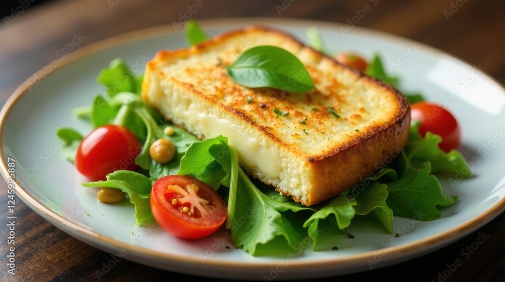 A savory grilled cheese sandwich, featuring melted cheese, served atop a vibrant green salad with ripe cherry tomatoes and a sprinkle of herbs. A savory grilled cheese sandwich, featuring melted cheese, served atop a vibrant green salad with ripe cherry tomatoes and a sprinkle of herbs.