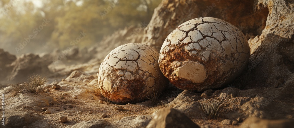 Fossilized dinosaur eggs amidst rocky terrain showcasing ancient life and paleontological significance in a natural setting. Fossilized dinosaur eggs amidst rocky terrain showcasing ancient life and paleontological significance in a natural setting.